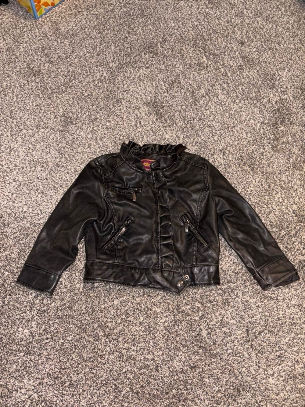 Y2K black faux grunge leather jacket with ruffles details